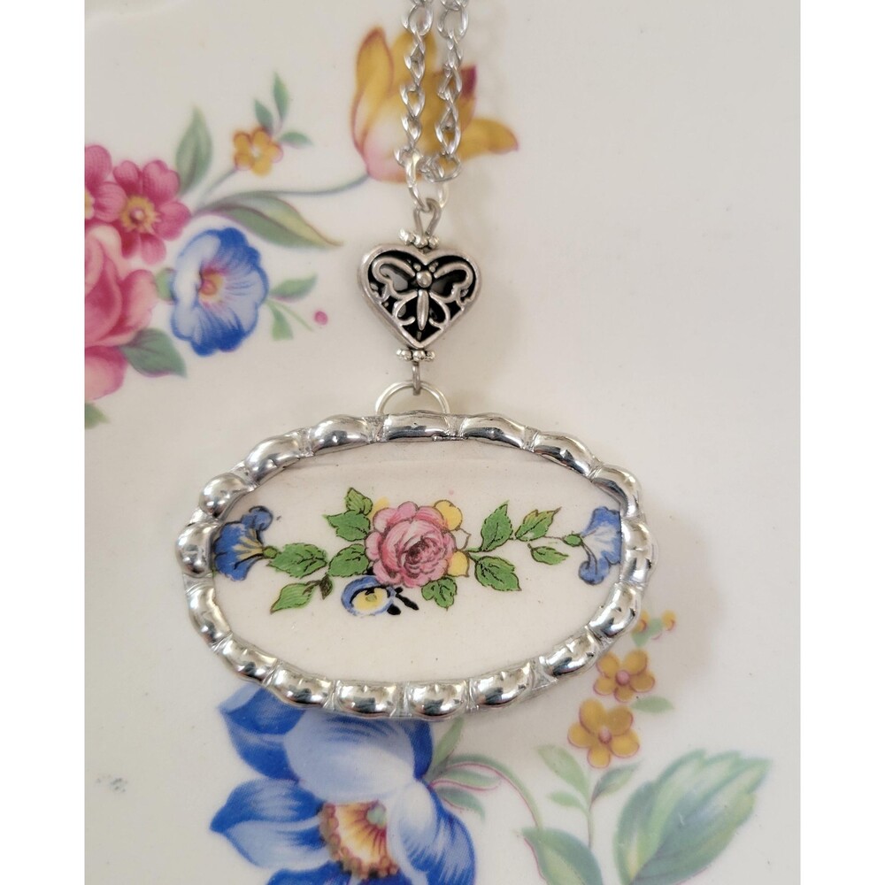 Broken China Pink Rose Swag Soldered Pendant Necklace